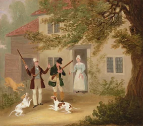 Deux chasseurs avec leurs chiens partant d